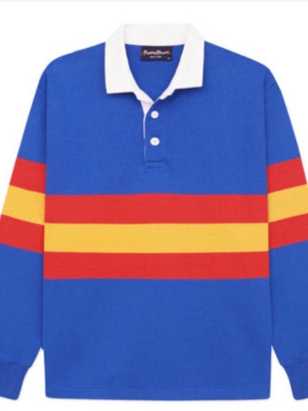 Rowing Blazers 70s Stripe Rugby Polo in Blue, Red and Yellow
